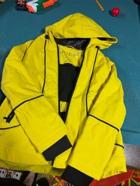 GUESS Bright Yellow Hooded Rain Jacket with Black Trim